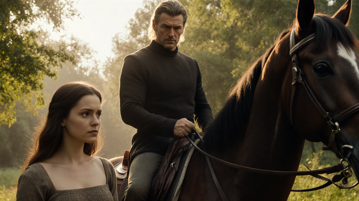 Woman gazes up at Alexander Skarsgård on horseback with soft eyes and lush greenery behind