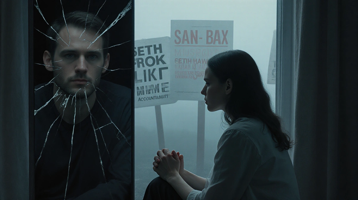 Alexi Hawley sits with clasped hands before a cracked mirror showing Seth's reflection with protest signs visible through the