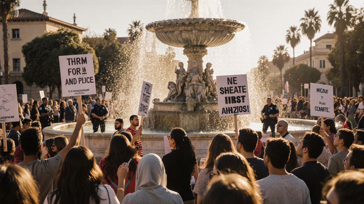 Protesters rally in Alhambra front fountain with signs and banners under warm light showing resilience blurred police