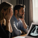 Ali cradles her head while looking at Kevin with medical files and an ultrasound printout revealing a thyroid X‑ray