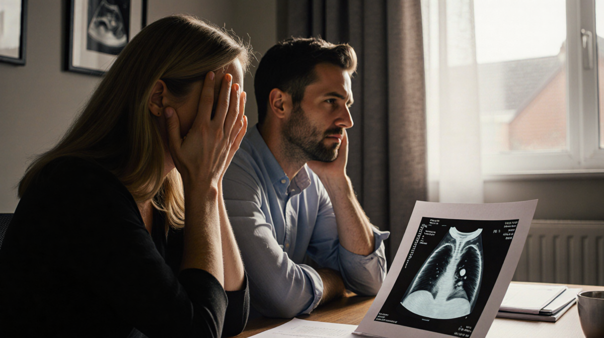 Ali cradles her head while looking at Kevin with medical files and an ultrasound printout revealing a thyroid X‑ray