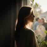 Ali Larter stands with back to viewer gazing out window with soft light on her hair and greenery around dim room