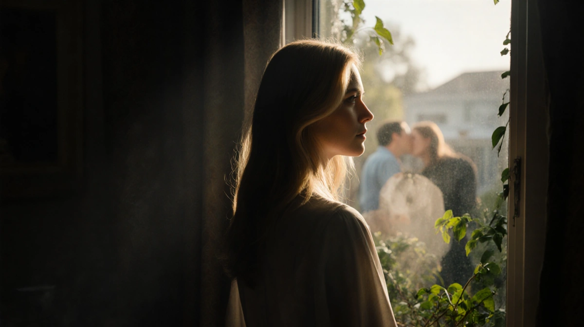 Ali Larter stands with back to viewer gazing out window with soft light on her hair and greenery around dim room