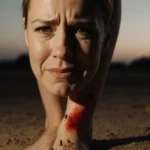 Ali Larter brushing fire ants off her barefoot with irritated expression and red ankle mark showing