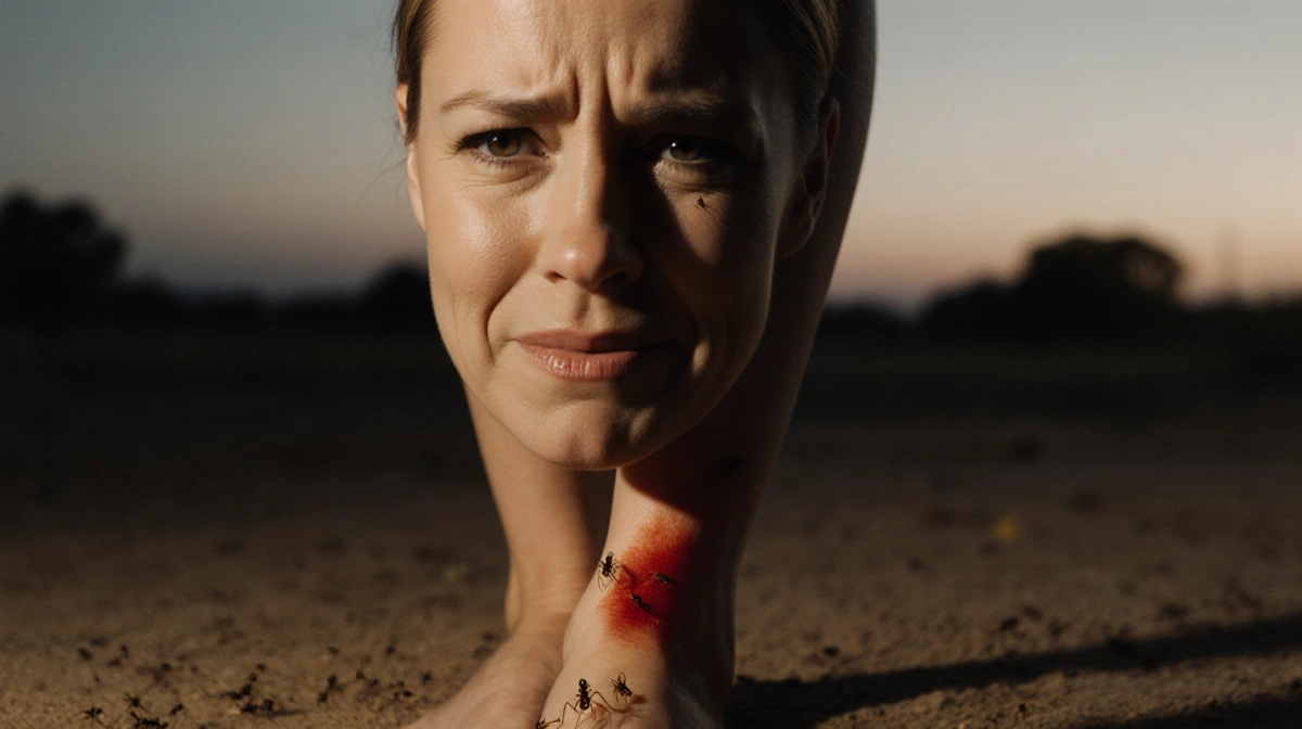Ali Larter brushing fire ants off her barefoot with irritated expression and red ankle mark showing