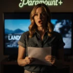 Ali Larter holding a script with a dimly lit Paramount+ logo and a blurred TV screen showing Landman