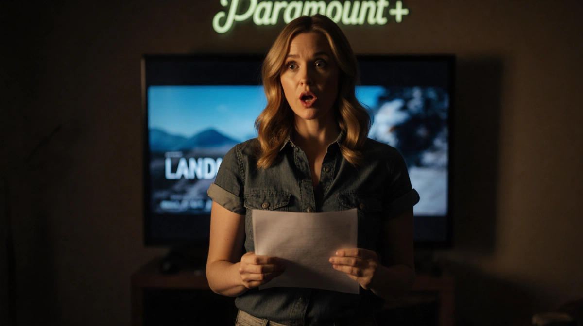 Ali Larter holding a script with a dimly lit Paramount+ logo and a blurred TV screen showing Landman