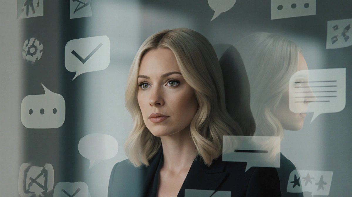 Ali Larter standing before a reflective surface with her face visible in the glass and shapes hinting at societal critique.