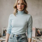 Ali Larter models a pastel turtleneck with high-waisted jeans and soft natural makeup in cozy room with magazines
