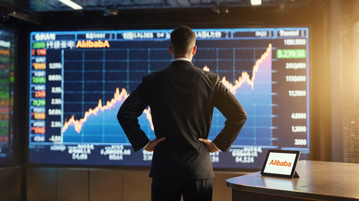 Trader celebrating Alibaba stock surge with rising chart on giant screen and tablet showing article title