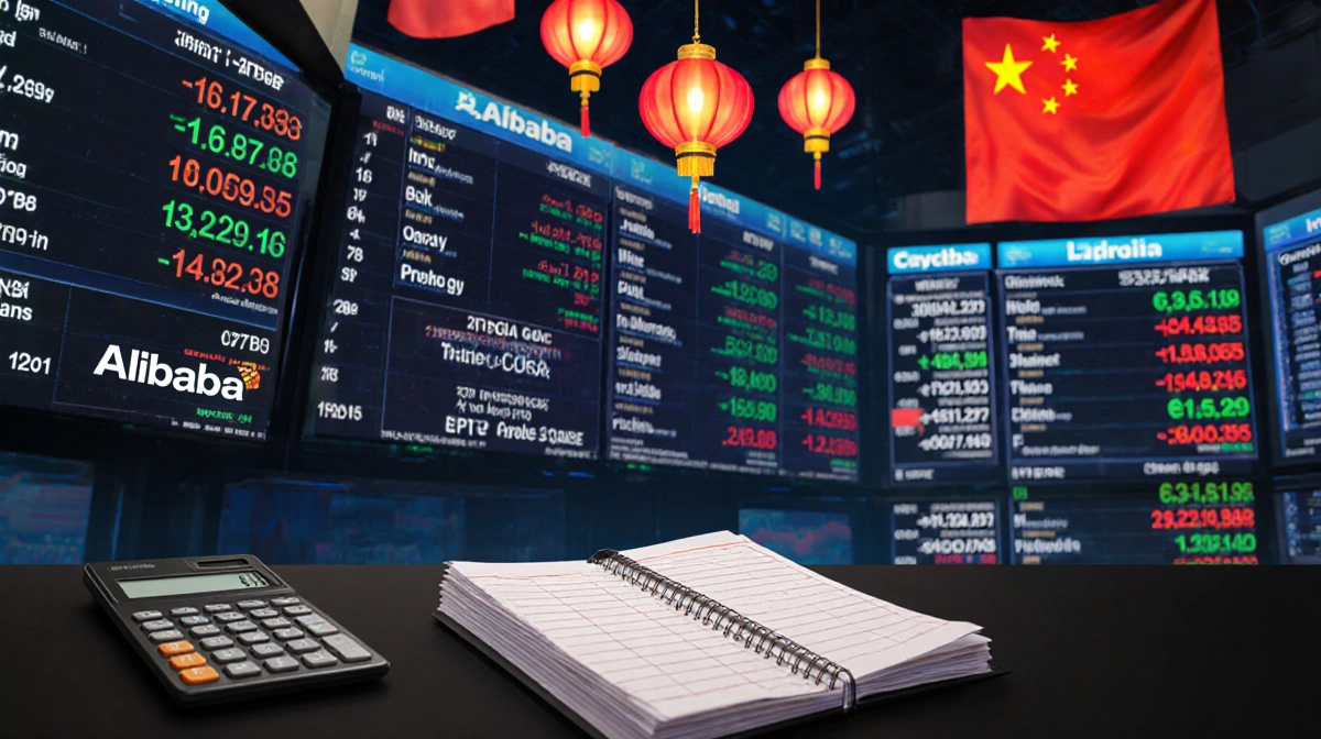 Traders celebrate Alibaba's 9% weekly stock surge with rising charts and Chinese flags on busy trading floor