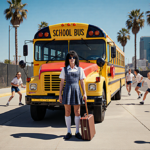 Alice Cooper standing in front of a red school bus with a guitar case and students playing sports on a sunny day.