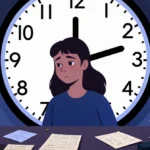 Alice Lovatt standing before analog clock frozen at 10:55 PM with cluttered desk and frustrated expression