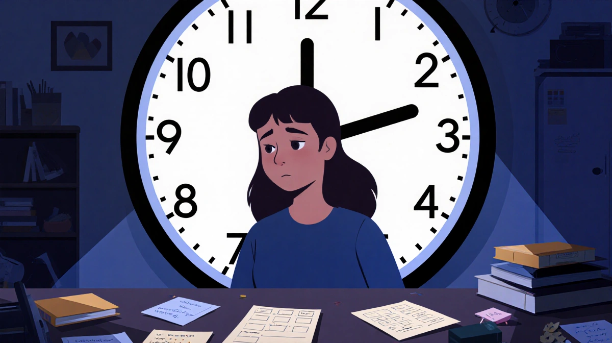 Alice Lovatt standing before analog clock frozen at 10:55 PM with cluttered desk and frustrated expression