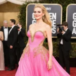 Alicia Silverstone walking the Golden Globes red carpet in a vibrant pink gown with gold accents and confident smile