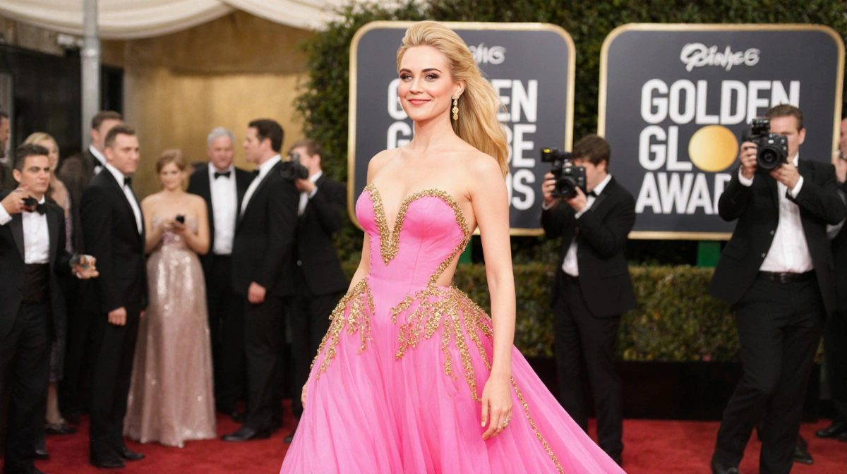 Alicia Silverstone walking the Golden Globes red carpet in a vibrant pink gown with gold accents and confident smile