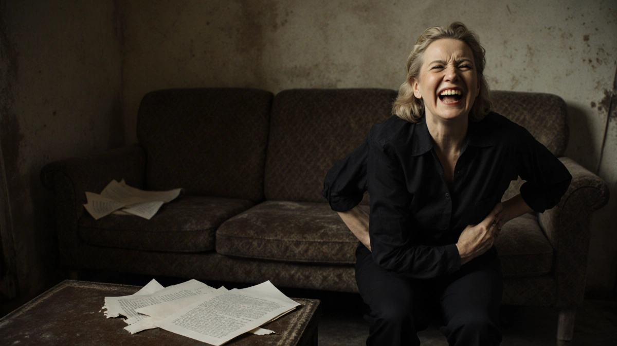 Alison Arngrim laughing on worn couch with scattered script pages showing torn audition moment