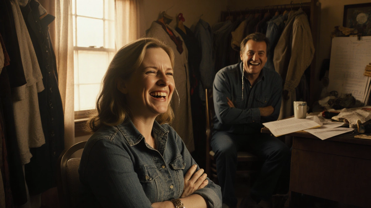 Alison Arngrim sits with crossed arms while Michael Landon laughs with tears near Little House on the Prairie costumes and sc