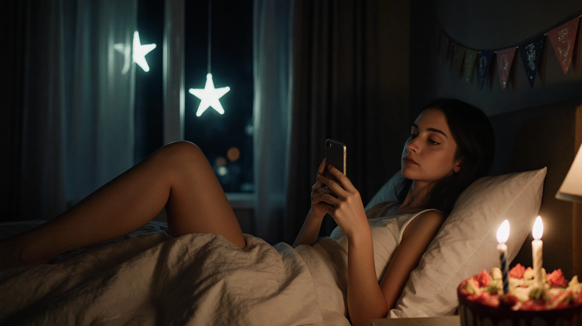 Alix Earle sits in bed with birthday candles and phone while gazing thoughtfully through window