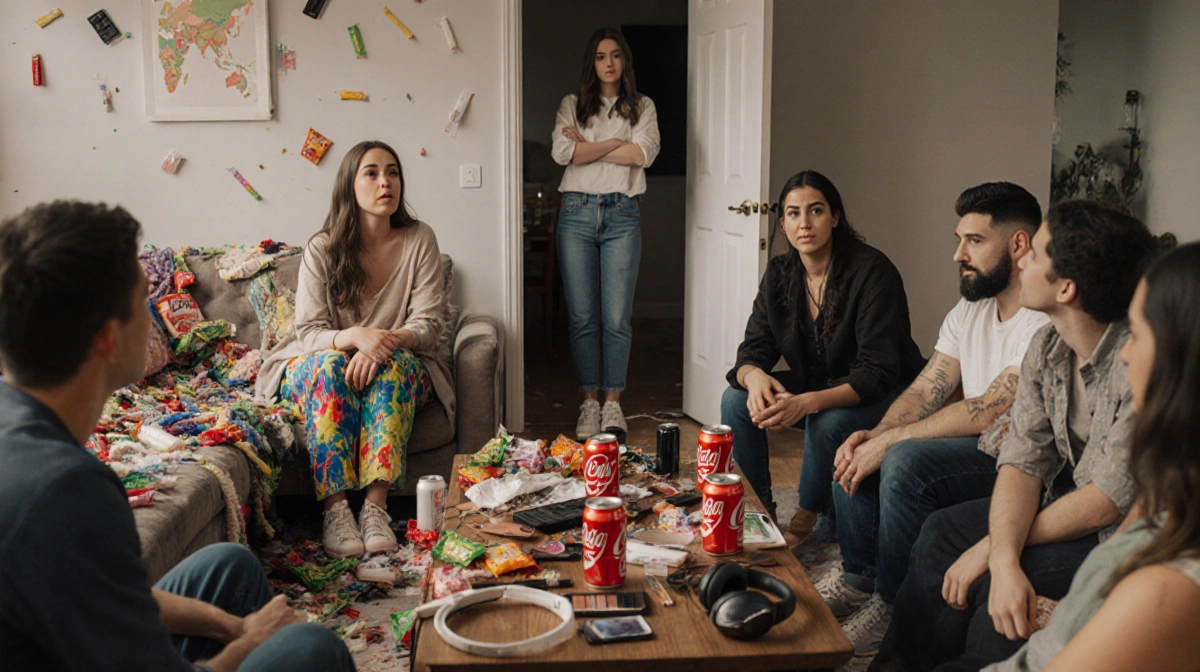 Alix Earle stands in doorway with arms crossed while her sister Ashtin lounges on couch with fashion items and makeup coverin