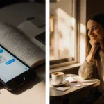 Alix Earle sits alone at café table with phone showing text conversation and coffee cup nearby