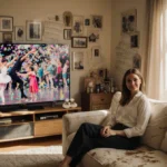 Alix Earle sits on cream couch with family photos and dance memorabilia while home videos play on TV behind her