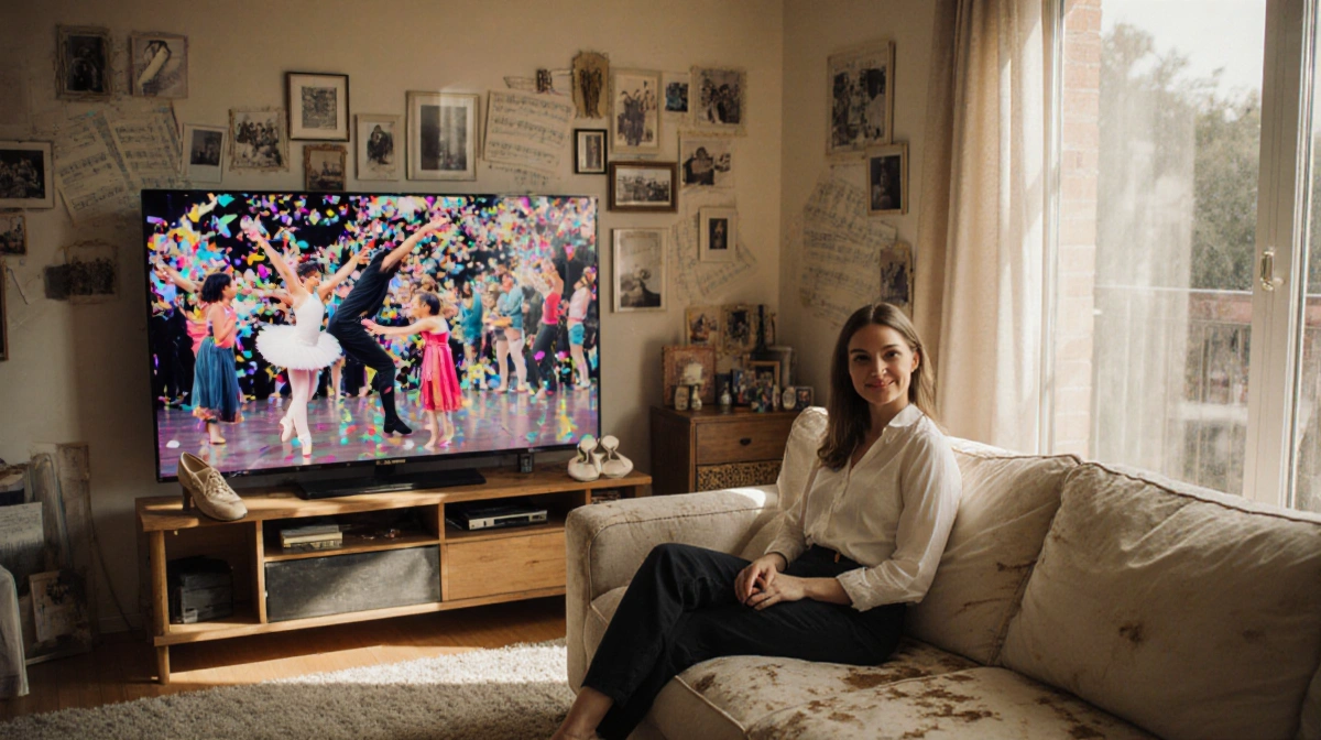 Alix Earle sits on cream couch with family photos and dance memorabilia while home videos play on TV behind her