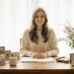 Alix Earle sits at wooden desk with family keepsakes and blooming plants showing newfound confidence