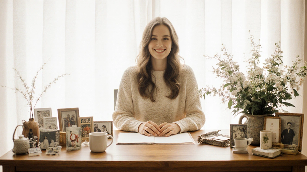 Alix Earle sits at wooden desk with family keepsakes and blooming plants showing newfound confidence