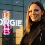 Alix Earle stands confidently before a sunset cityscape with GORGIE logo on glass and a golden glow highlighting her smile