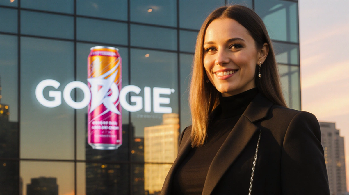Alix Earle stands confidently before a sunset cityscape with GORGIE logo on glass and a golden glow highlighting her smile