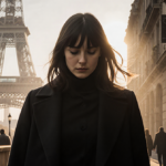 Alix walking alone along dimly lit foggy Paris street with black coat and Eiffel Tower looming in background