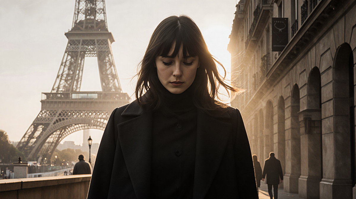 Alix walking alone along dimly lit foggy Paris street with black coat and Eiffel Tower looming in background