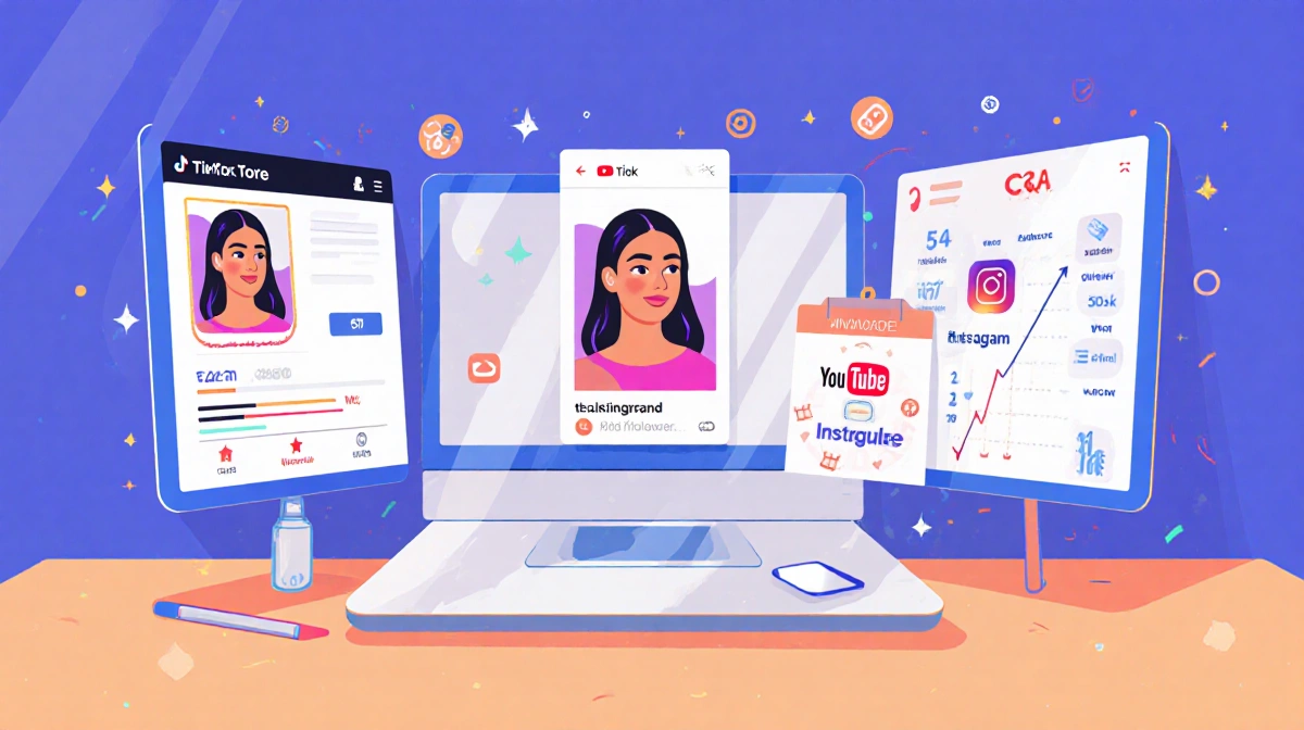 Desk with screens shows TikTok Instagram YouTube profiles with follower counts and growth charts businesswoman standing firm