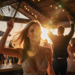 Alix Earle dancing with sunset glow while Tom Brady celebrates in background near a yacht club party with champagne