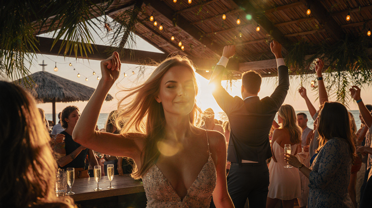 Alix Earle dancing with sunset glow while Tom Brady celebrates in background near a yacht club party with champagne