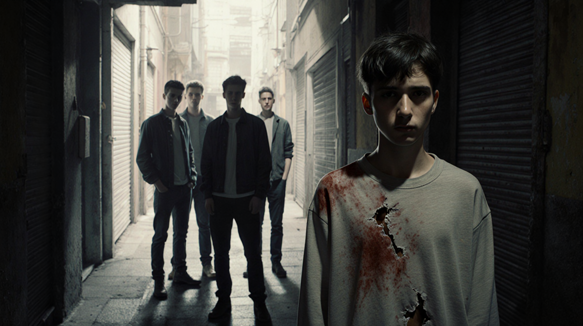 Victim standing alone in alley with torn jacket showing faint bruise and three shadowed party boys hinting at sex trafficking