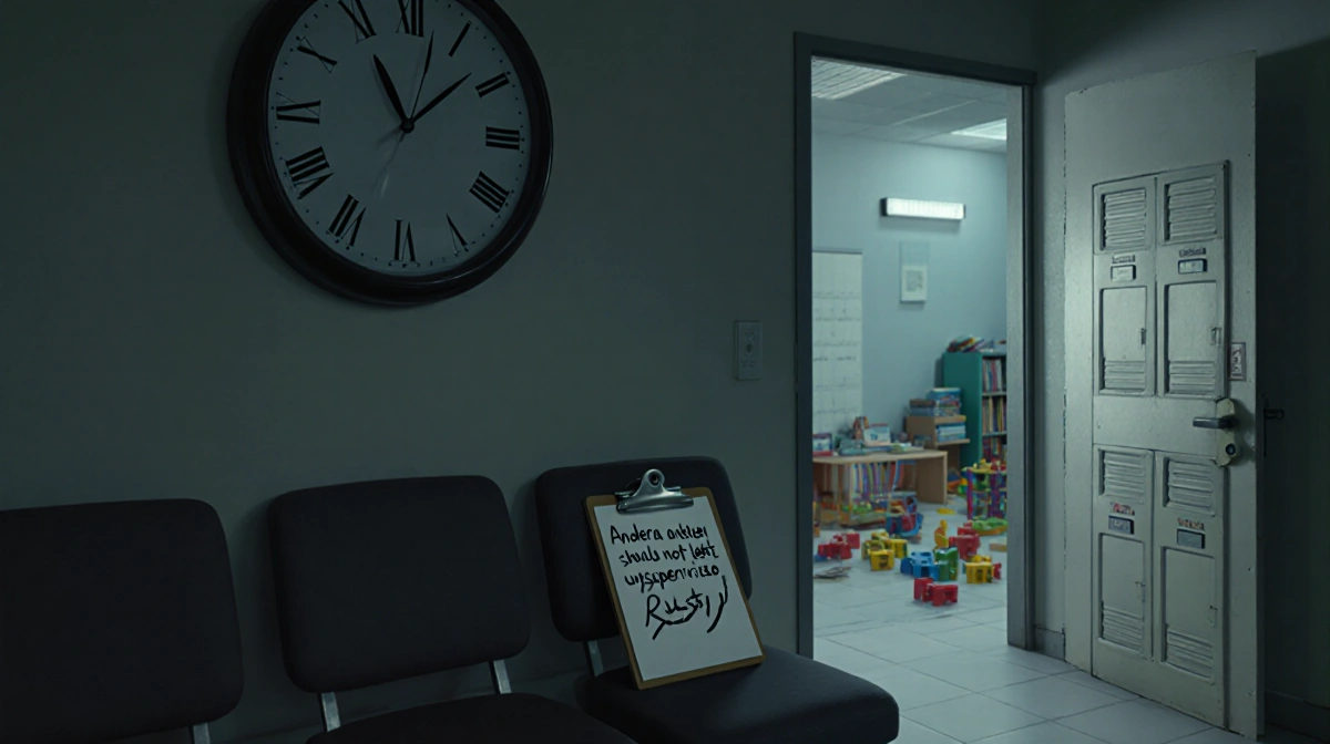 Clock striking the hour with empty chair and clipboard showing warning note beside locked door