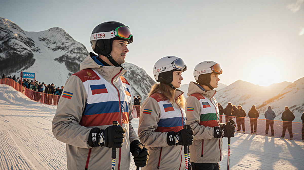 Skiers stand holding ski poles with Russian and Belarusian jackets under a warm sunset glow on a mountain edge