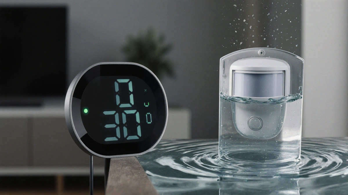 Alpstuga smart clock glowing on shelf with Myggspray sensor submerged in water showing IP67 durability