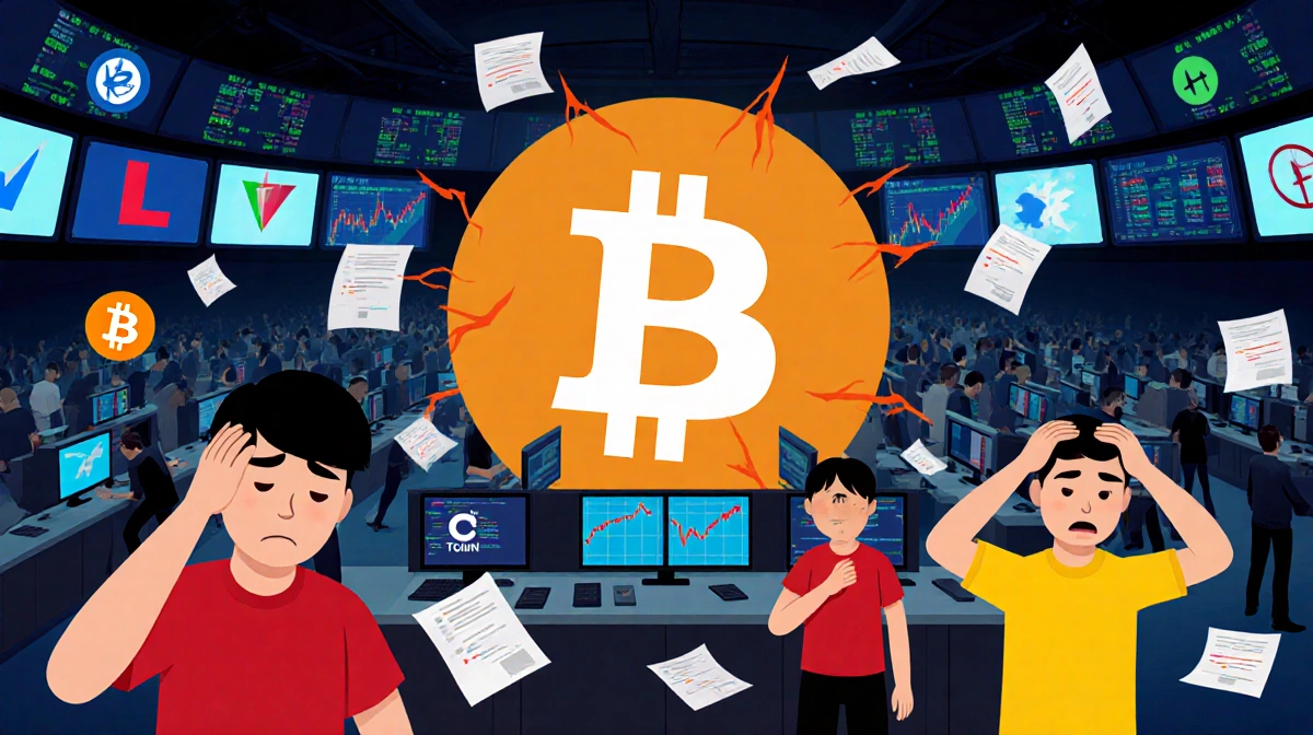 Panicked investors clutch their heads with altcoin charts plunging on screens and papers scattered across the trading floor