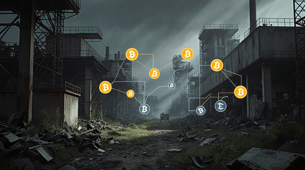 Industrial skyline pulsing with DeFi platforms and NFT art amid muted light and green growth