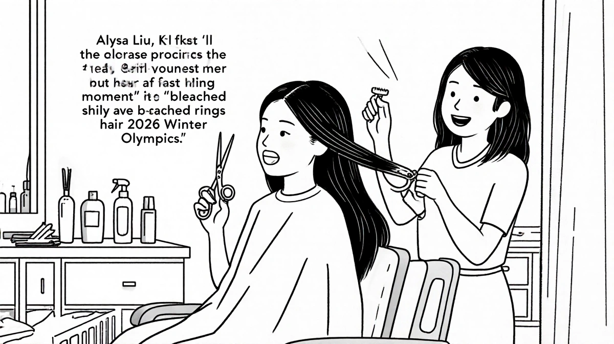 Alysa Liu sitting in salon chair with hairstylist holding scissors near her hair and styling tools visible