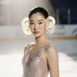Alysa Liu posing in sparkly figure skating dress with bleached ringlet hair and spotlight on ice rink