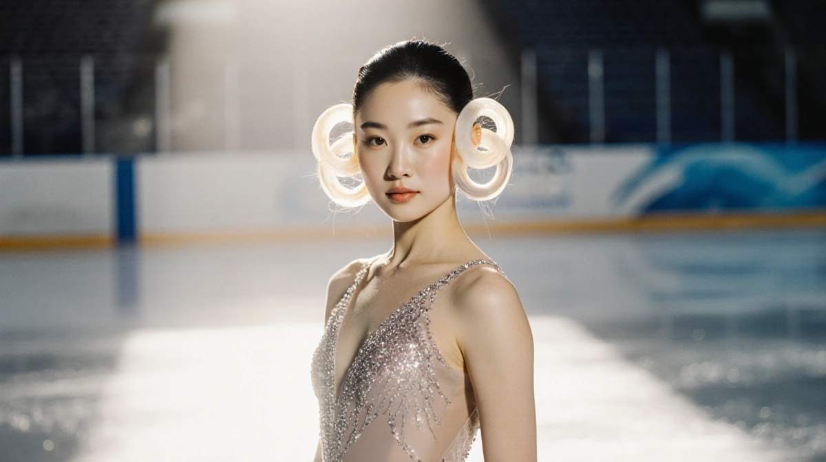Alysa Liu posing in sparkly figure skating dress with bleached ringlet hair and spotlight on ice rink