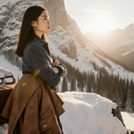 Alysa stands at a snow-covered mountain edge gazing out with golden light on her face and a suitcase.