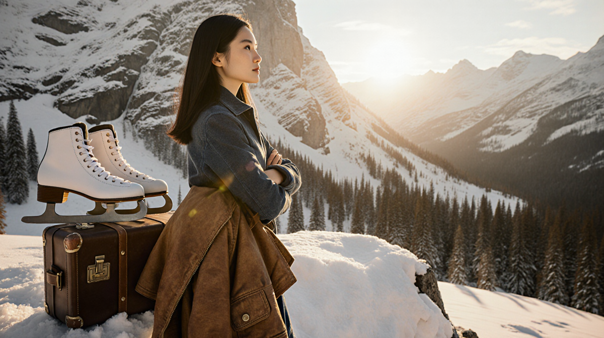 Alysa stands at a snow-covered mountain edge gazing out with golden light on her face and a suitcase.