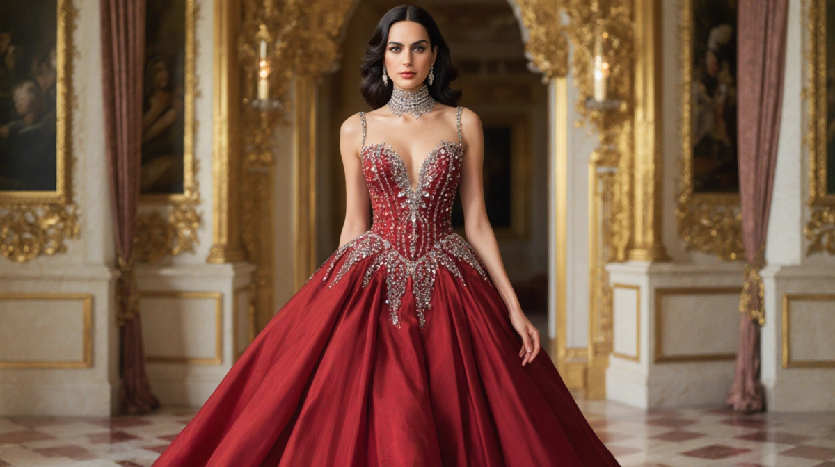 Amal Clooney wearing crimson Balmain gown with intricate beading and full skirt against gold Beverly Hills backdrop