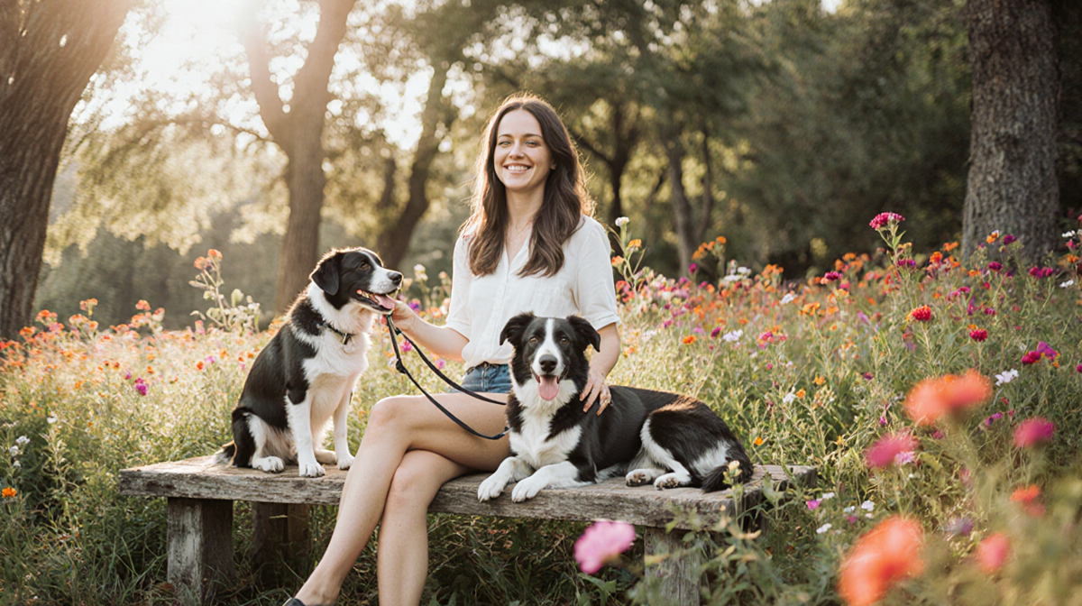 Amanda Batula sits on a bench holding a leash to a dog while stroking a dog beside her with sun filtering through green park