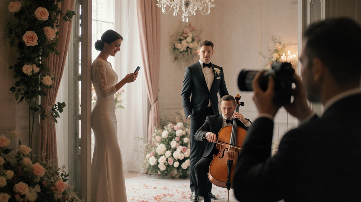 Amanda Dubin recording video with smartphone while Will Reeve approaches with roses and cellist performing in romantic surpri